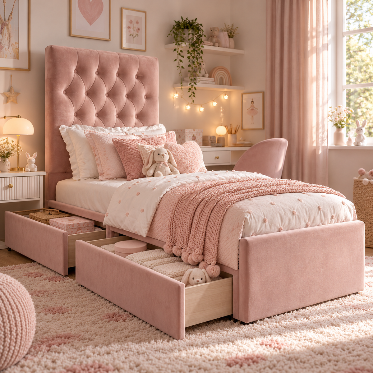 Kids Little Duchess Chesterfield Divan Bed in Plush Velvet Pink with Optional Side Drawers