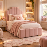 Kids Princess Castle Divan Bed in Plush Velvet Pink with Optional Side Drawers