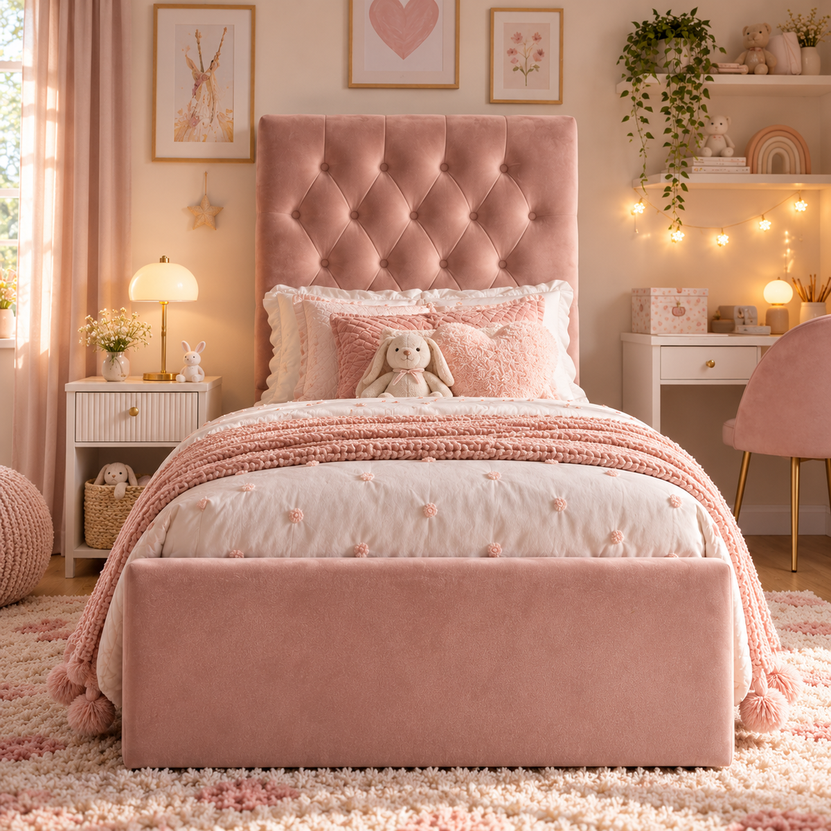 Kids Little Duchess Chesterfield Divan Bed in Plush Velvet Pink with Optional Side Drawers