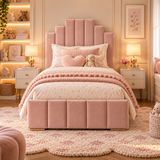 Kids Princess Castle Divan Bed in Plush Velvet Pink with Optional Side Drawers