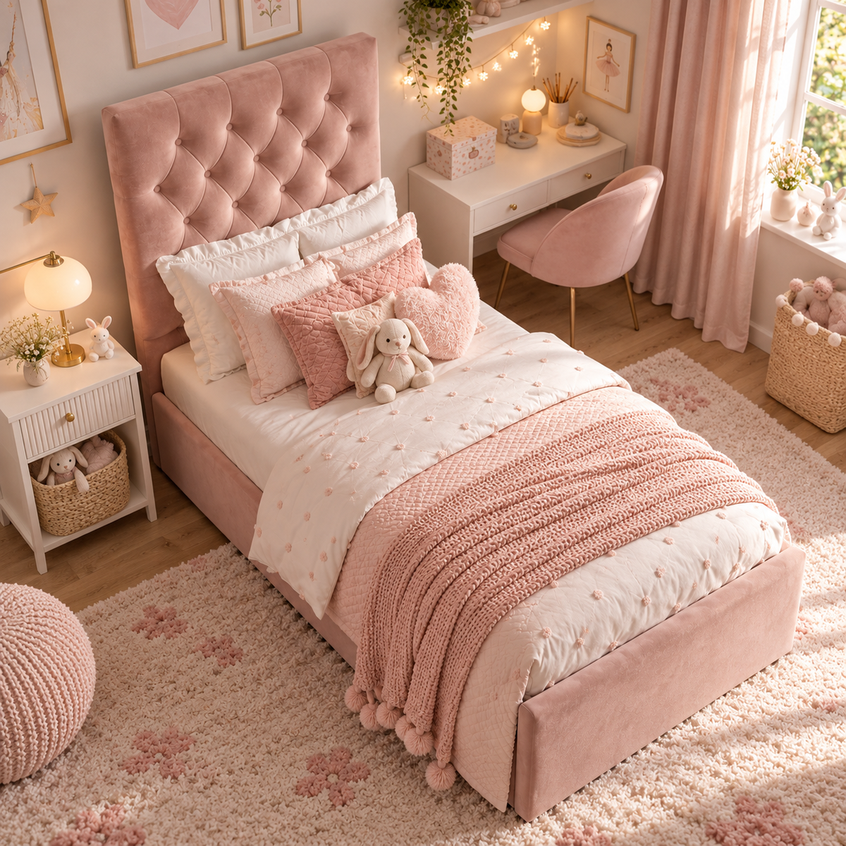Kids Little Duchess Chesterfield Divan Bed in Plush Velvet Pink with Optional Side Drawers