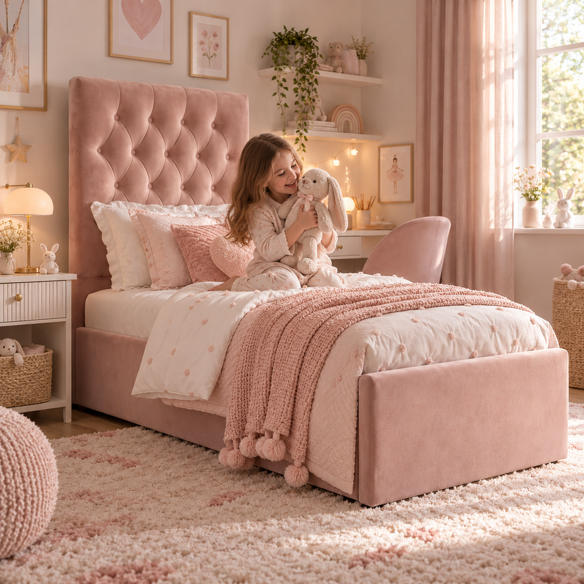Kids Little Duchess Chesterfield Divan Bed in Plush Velvet Pink with Optional Side Drawers