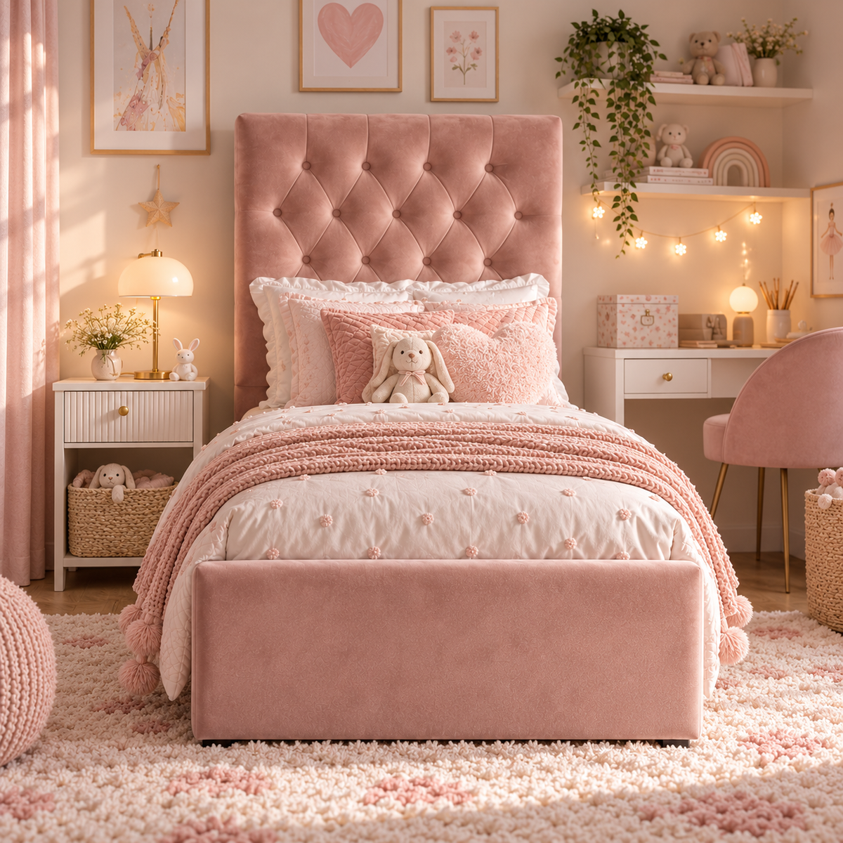 Kids Little Duchess Chesterfield Divan Bed in Plush Velvet Pink with Optional Side Drawers