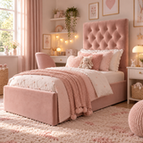 Kids Little Duchess Chesterfield Divan Bed in Plush Velvet Pink with Optional Side Drawers