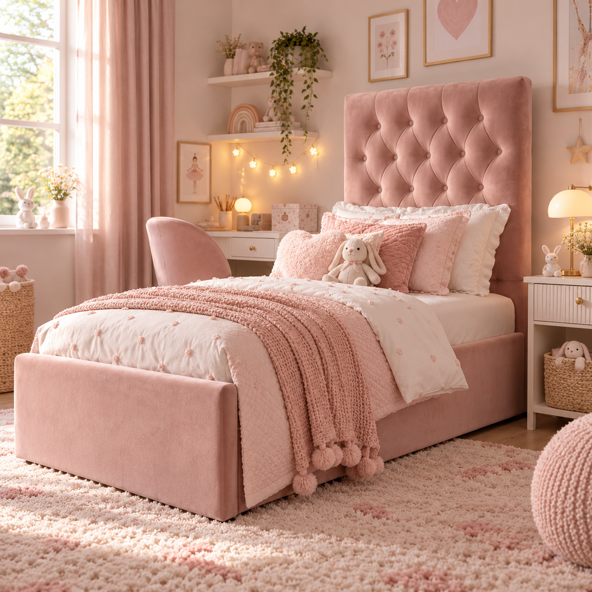 Kids Little Duchess Chesterfield Divan Bed in Plush Velvet Pink with Optional Side Drawers