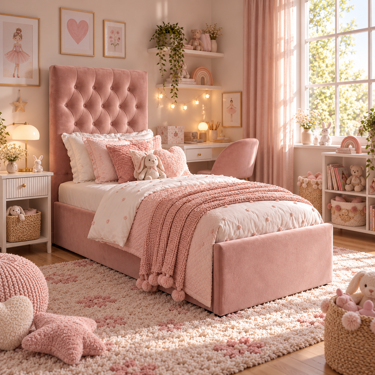 Kids Little Duchess Chesterfield Divan Bed in Plush Velvet Pink with Optional Side Drawers