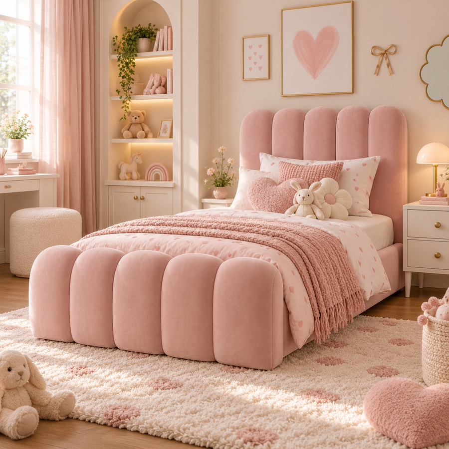 Kids Marshmallow Divan Bed in Plush Velvet Pink with Optional Side Drawers