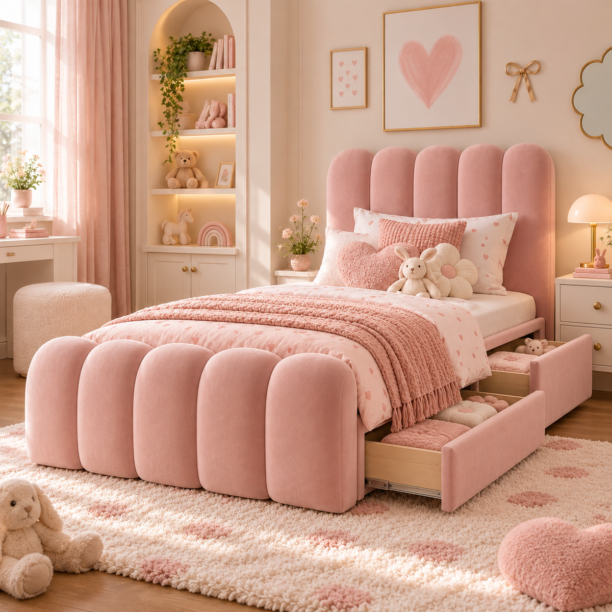 Kids Marshmallow Divan Bed in Plush Velvet Pink with Optional Side Drawers