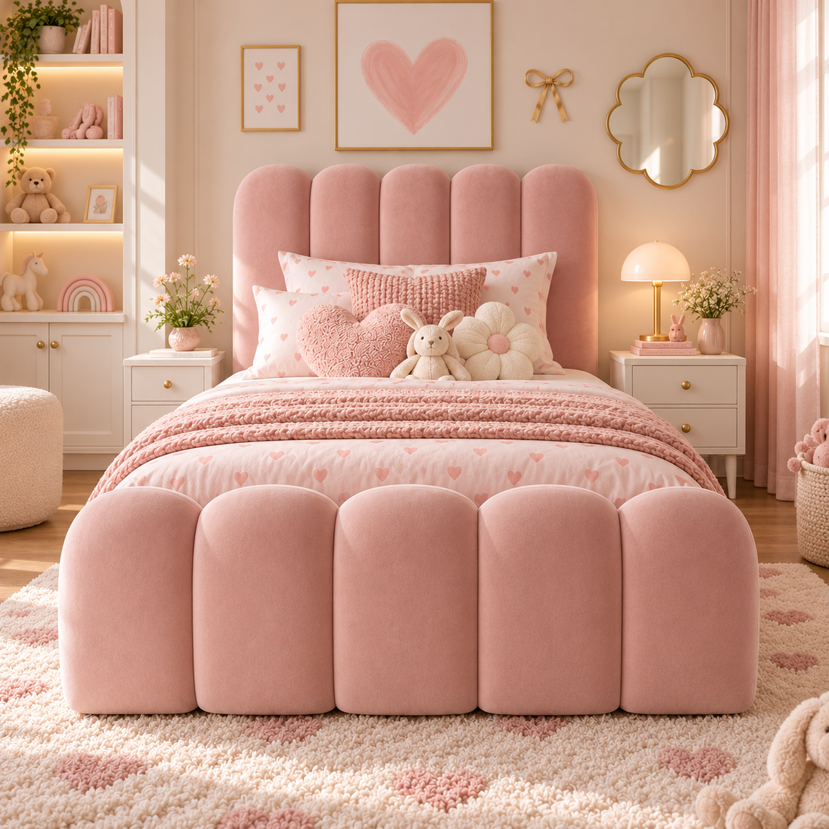 Kids Marshmallow Divan Bed in Plush Velvet Pink with Optional Side Drawers