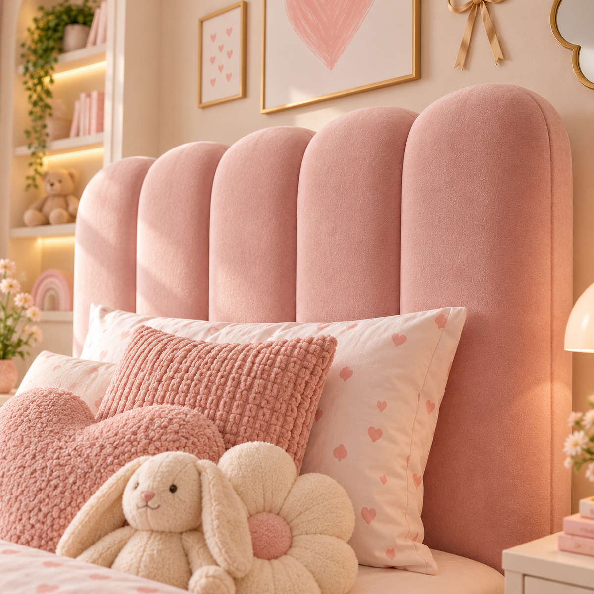 Kids Marshmallow Divan Bed in Plush Velvet Pink with Optional Side Drawers