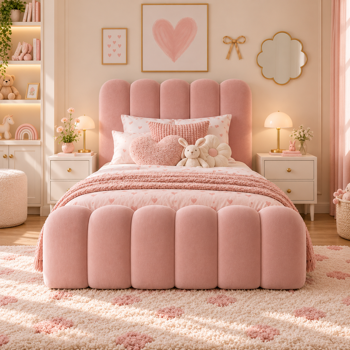 Kids Marshmallow Divan Bed in Plush Velvet Pink with Optional Side Drawers