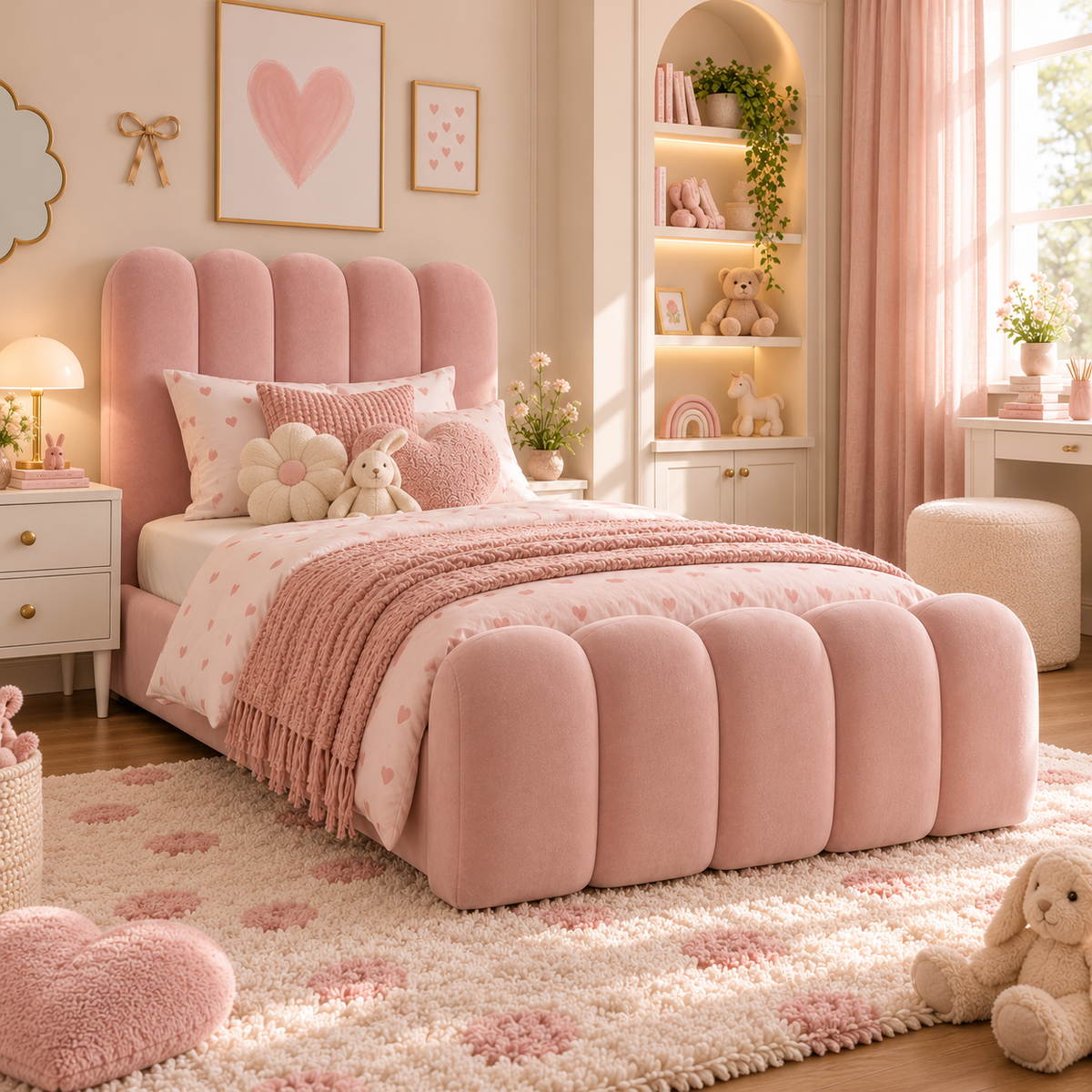 Kids Marshmallow Divan Bed in Plush Velvet Pink with Optional Side Drawers