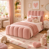 Kids Marshmallow Divan Bed in Plush Velvet Pink with Optional Side Drawers