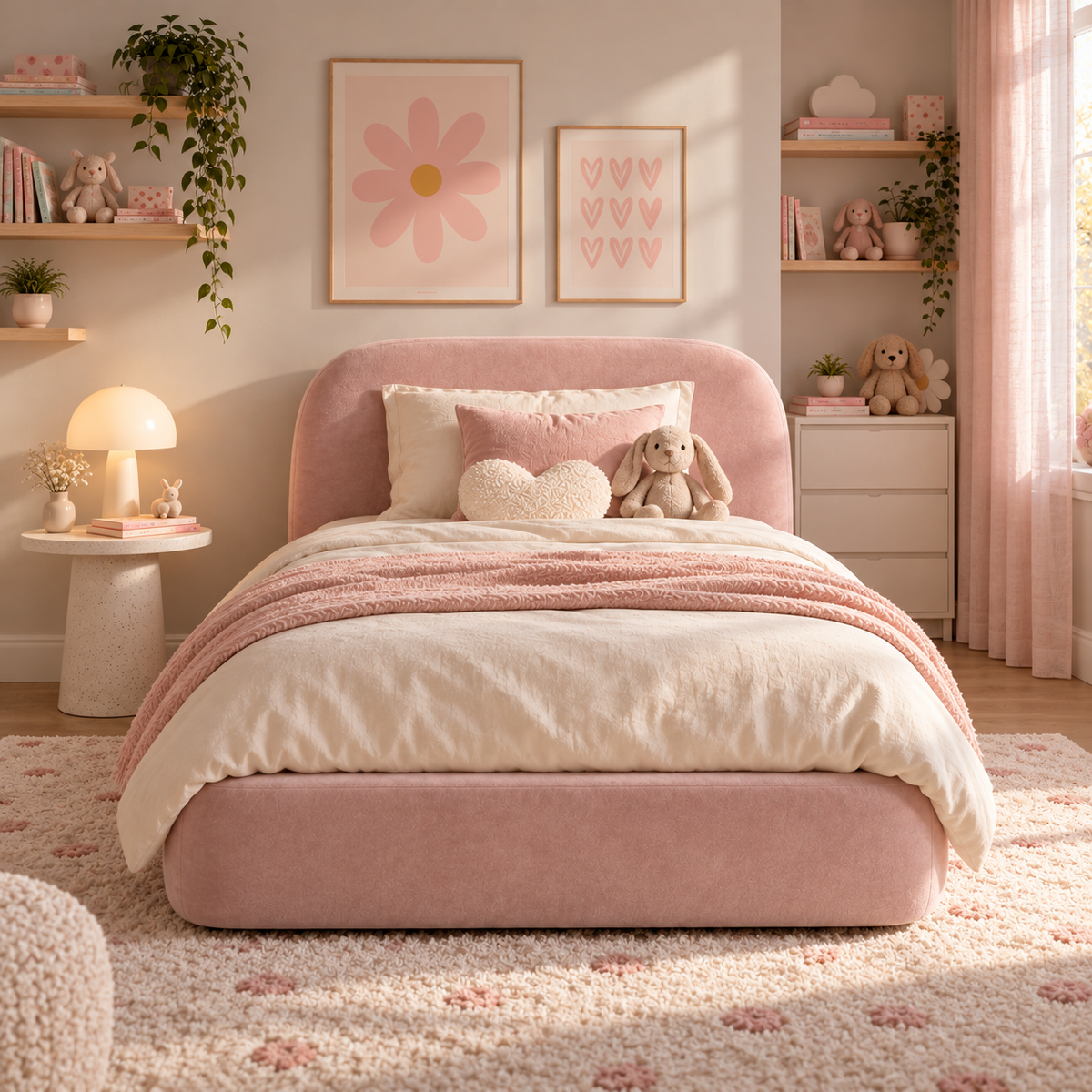 Kids Snuggle Divan Bed in Plush Velvet Pink with Optional Side Drawers