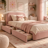 Kids Snuggle Divan Bed in Plush Velvet Pink with Optional Side Drawers