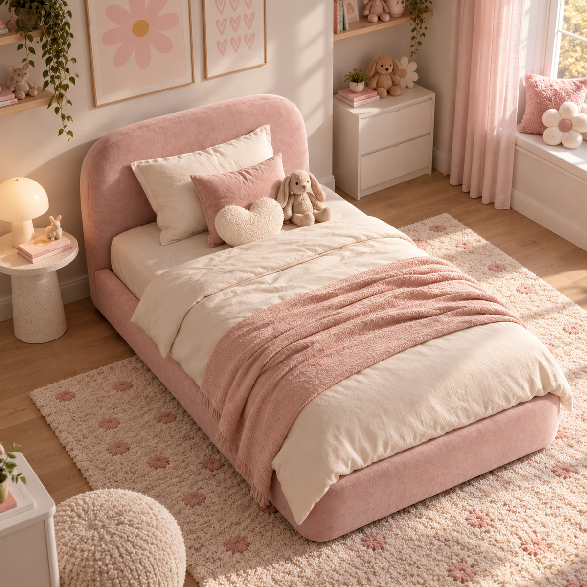 Kids Snuggle Divan Bed in Plush Velvet Pink with Optional Side Drawers