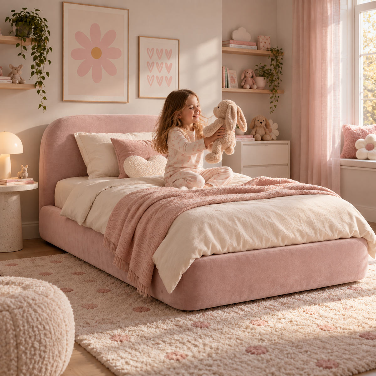 Kids Snuggle Divan Bed in Plush Velvet Pink with Optional Side Drawers
