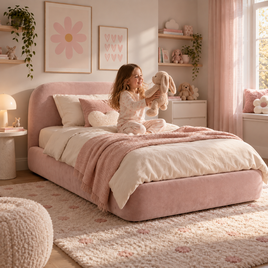 Kids Snuggle Divan Bed in Plush Velvet Pink with Optional Side Drawers