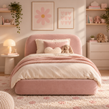 Kids Snuggle Divan Bed in Plush Velvet Pink with Optional Side Drawers
