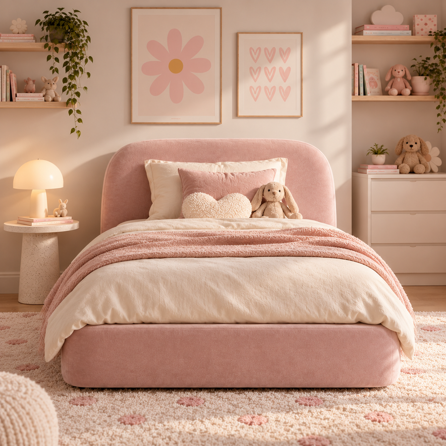Kids Snuggle Divan Bed in Plush Velvet Pink with Optional Side Drawers
