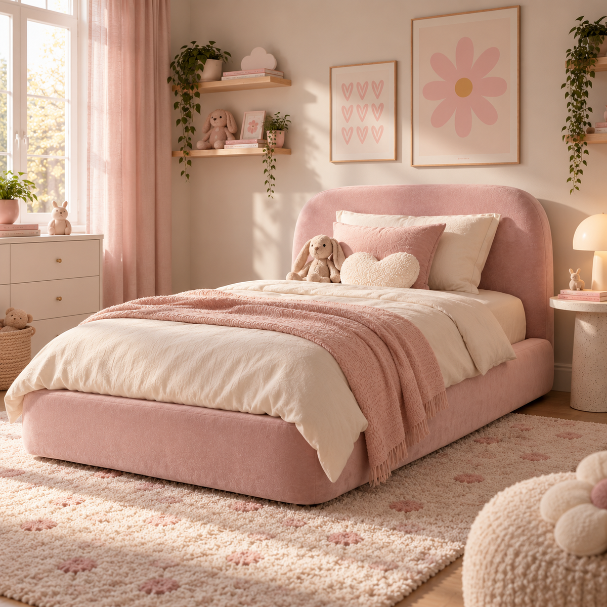 Kids Snuggle Divan Bed in Plush Velvet Pink with Optional Side Drawers