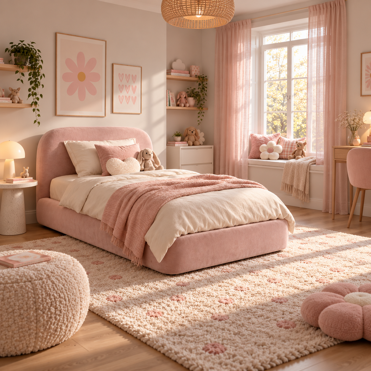 Kids Snuggle Divan Bed in Plush Velvet Pink with Optional Side Drawers