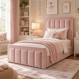Kids Fairytale Panel Divan Bed in Plush Velvet Pink with Optional Side Drawers