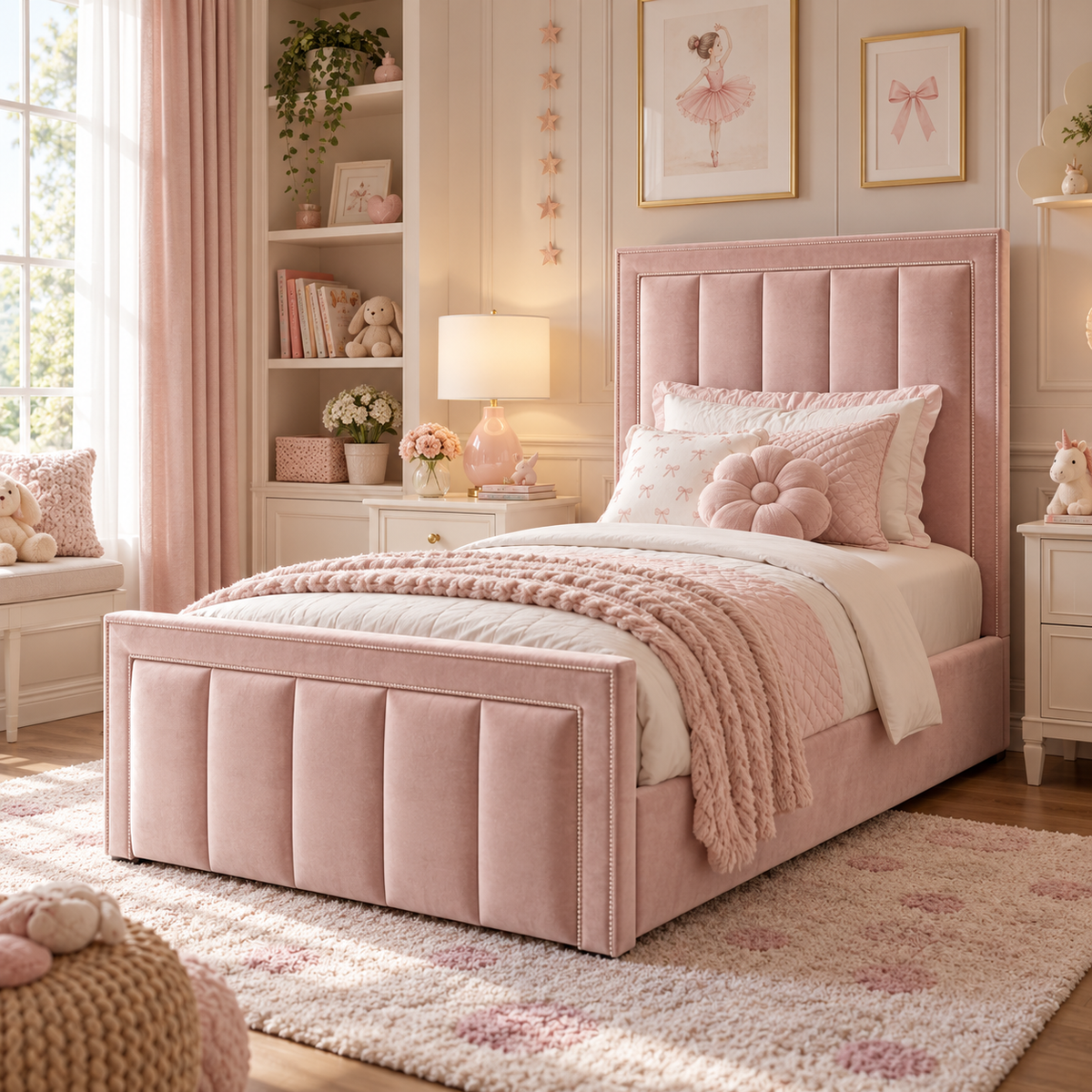 Kids Fairytale Panel Divan Bed in Plush Velvet Pink with Optional Side Drawers