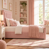 Kids Fairytale Panel Divan Bed in Plush Velvet Pink with Optional Side Drawers