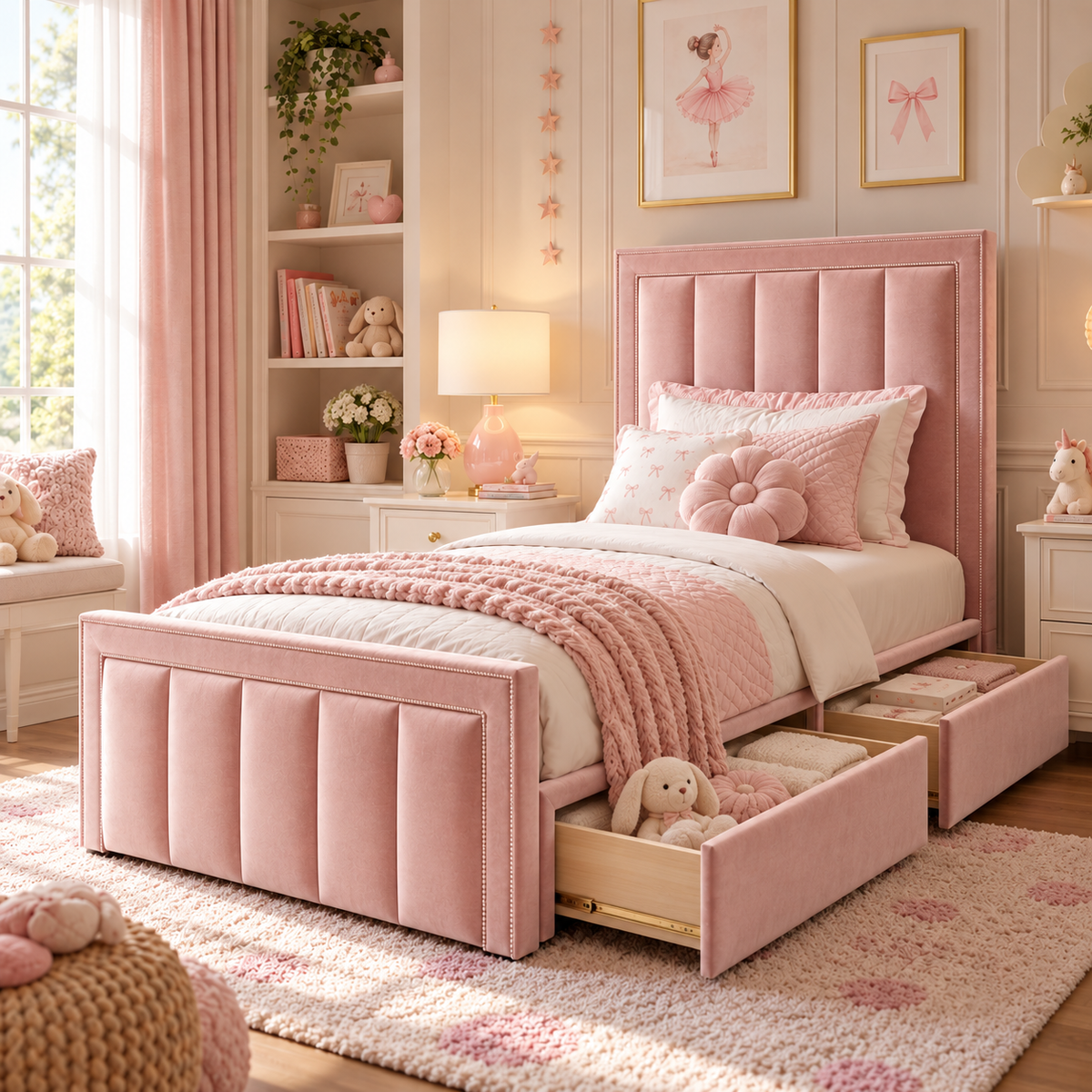 Kids Fairytale Panel Divan Bed in Plush Velvet Pink with Optional Side Drawers