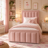 Kids Fairytale Panel Divan Bed in Plush Velvet Pink with Optional Side Drawers