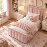 Kids Fairytale Panel Divan Bed in Plush Velvet Pink with Optional Side Drawers