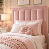 Kids Fairytale Panel Divan Bed in Plush Velvet Pink with Optional Side Drawers