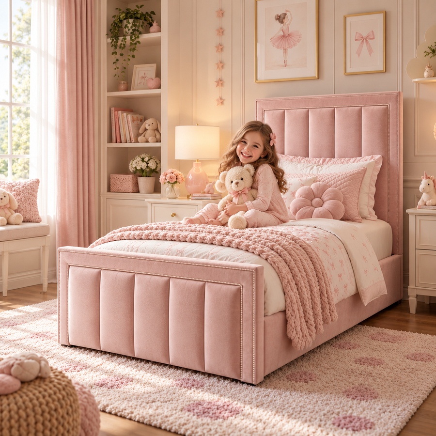 Kids Fairytale Panel Divan Bed in Plush Velvet Pink with Optional Side Drawers