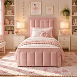 Kids Fairytale Panel Divan Bed in Plush Velvet Pink with Optional Side Drawers
