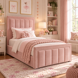 Kids Fairytale Panel Divan Bed in Plush Velvet Pink with Optional Side Drawers