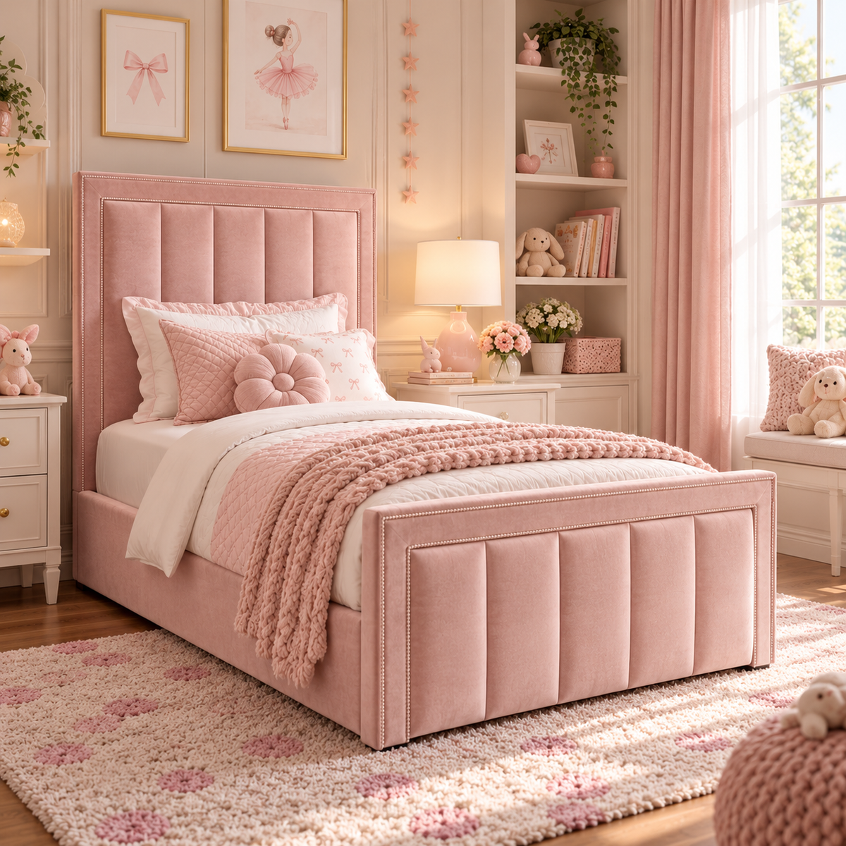 Kids Fairytale Panel Divan Bed in Plush Velvet Pink with Optional Side Drawers