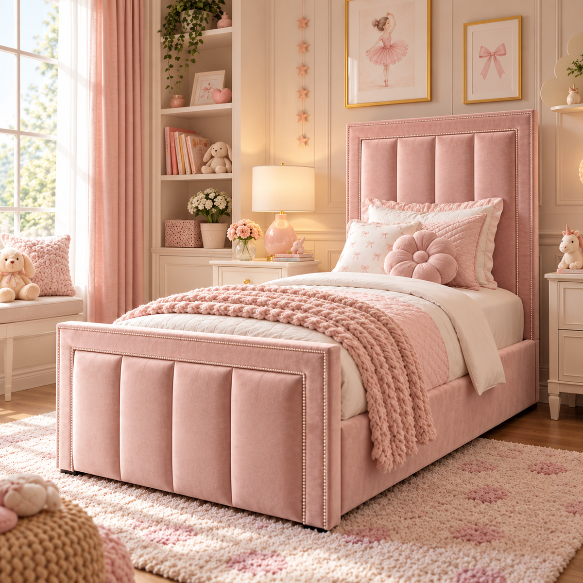 Kids Fairytale Panel Divan Bed in Plush Velvet Pink with Optional Side Drawers