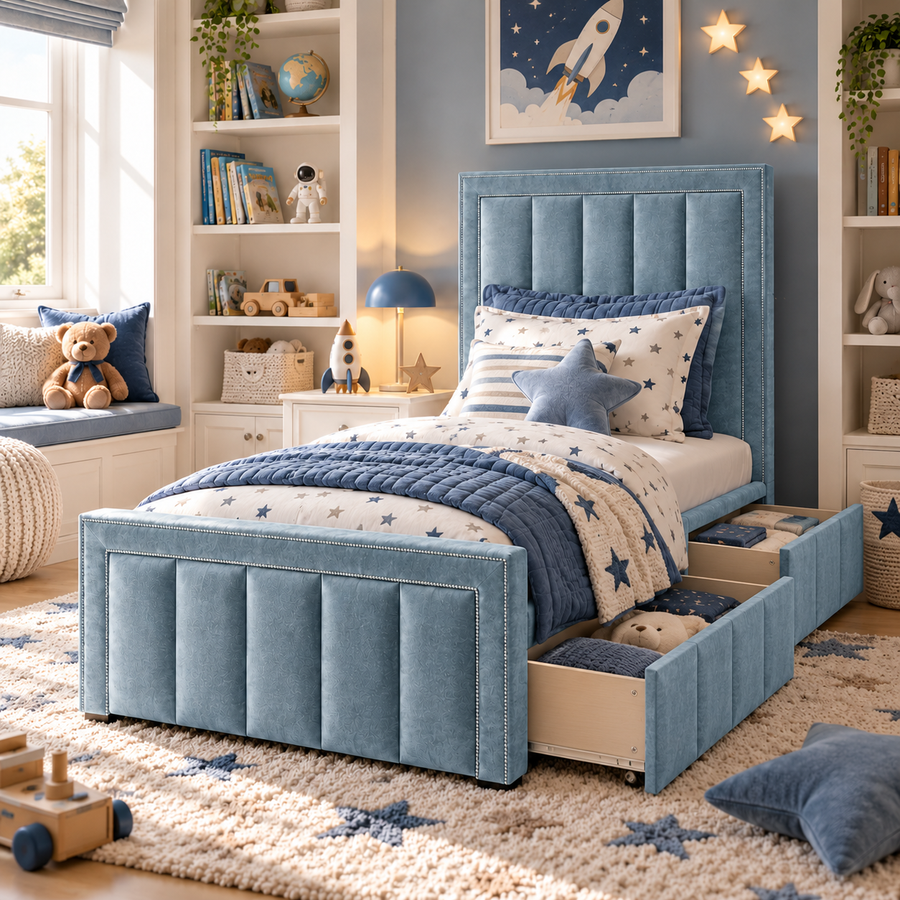 Kids Explorer Panel Divan Bed in Plush Velvet Sky Blue with Optional Side Drawers