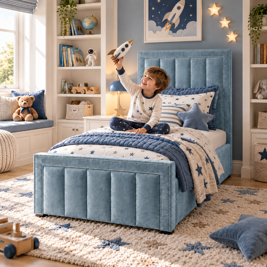 Kids Explorer Panel Divan Bed in Plush Velvet Sky Blue with Optional Side Drawers