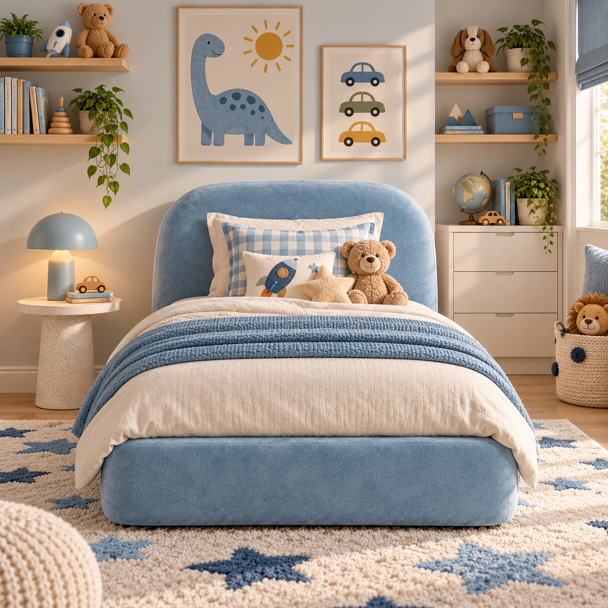 Kids Cosy Cub Divan Bed in Plush Velvet Sky Blue with Optional Side Drawers
