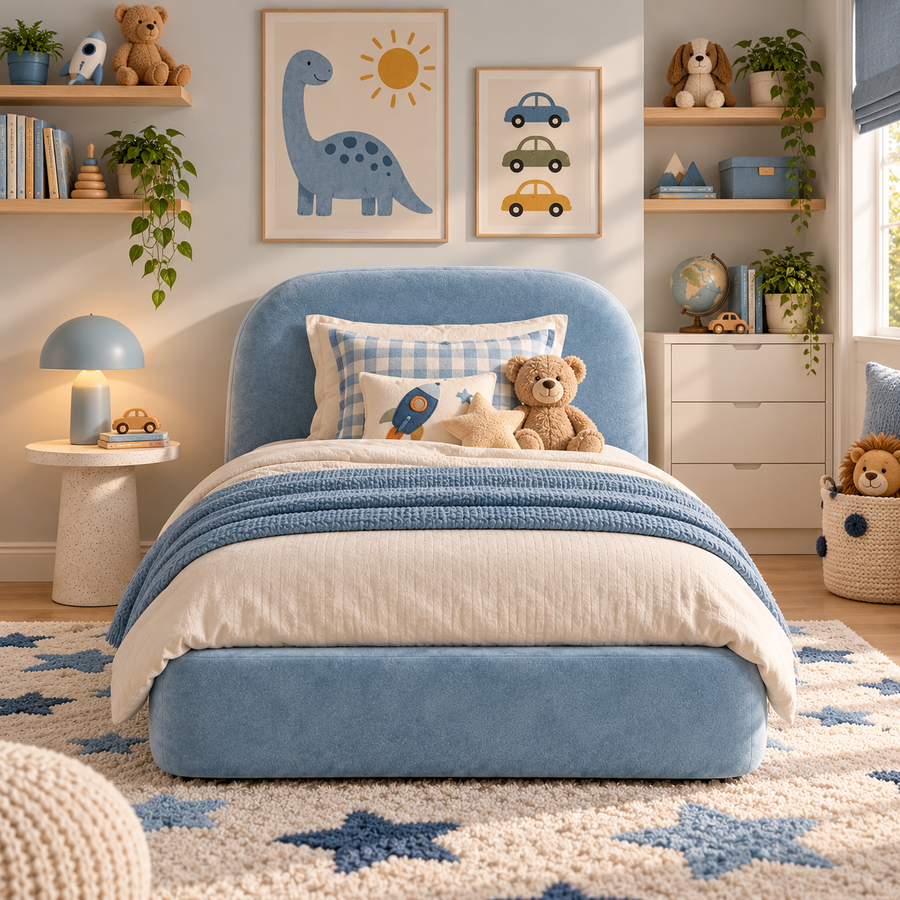 Kids Cosy Cub Divan Bed in Plush Velvet Sky Blue with Optional Side Drawers