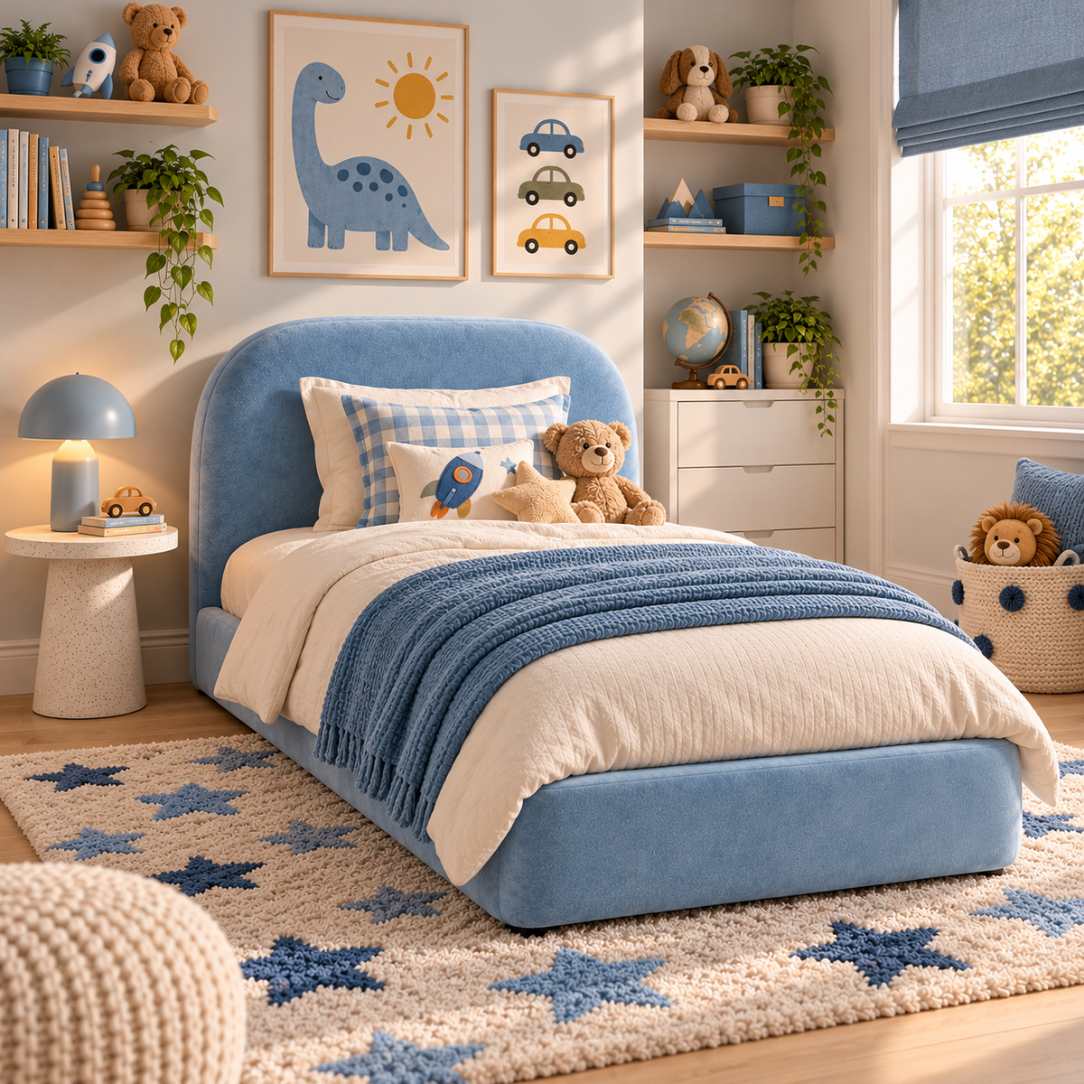 Kids Cosy Cub Divan Bed in Plush Velvet Sky Blue with Optional Side Drawers