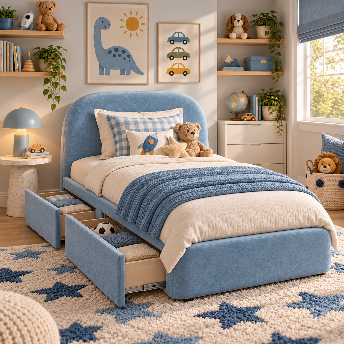 Kids Cosy Cub Divan Bed in Plush Velvet Sky Blue with Optional Side Drawers