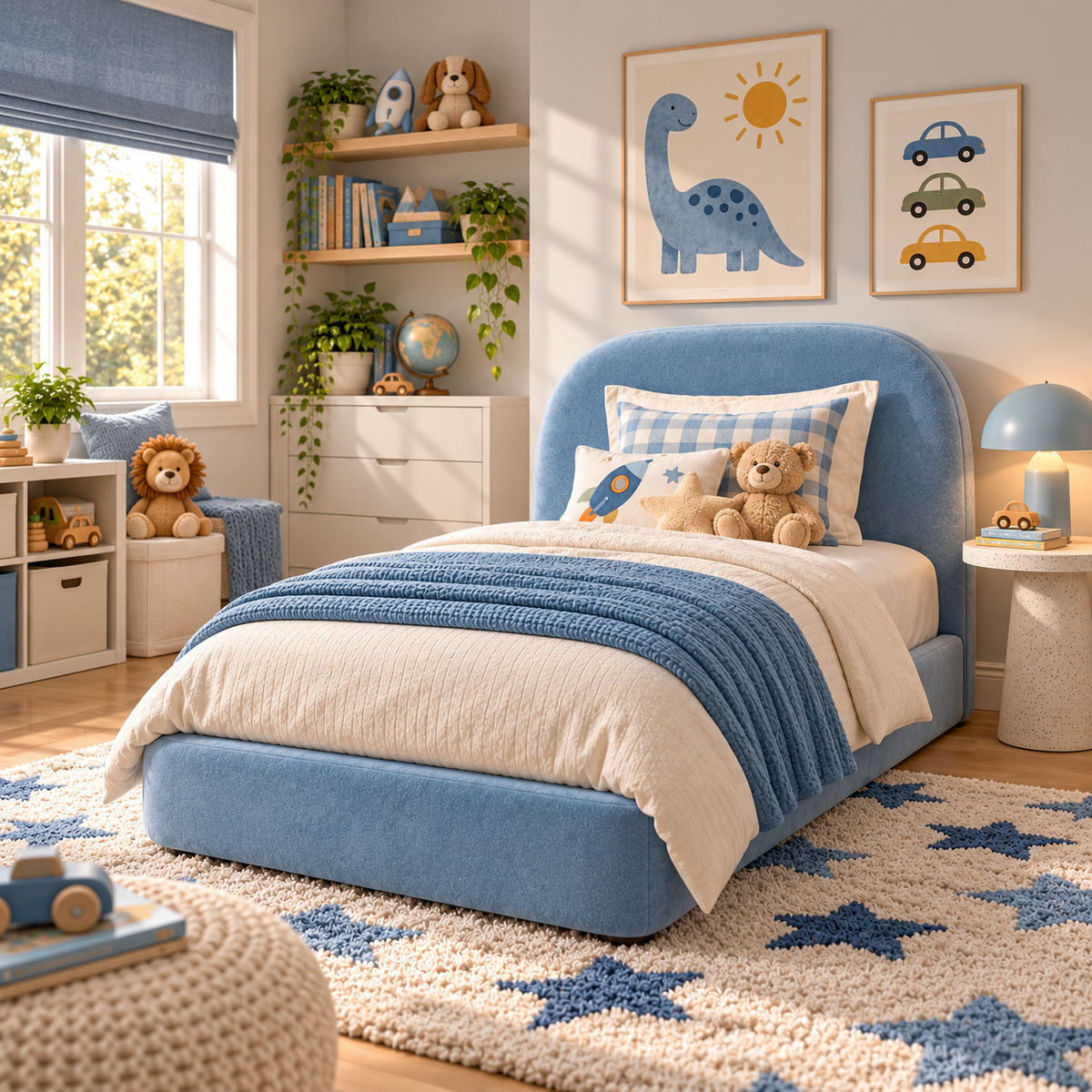 Kids Cosy Cub Divan Bed in Plush Velvet Sky Blue with Optional Side Drawers