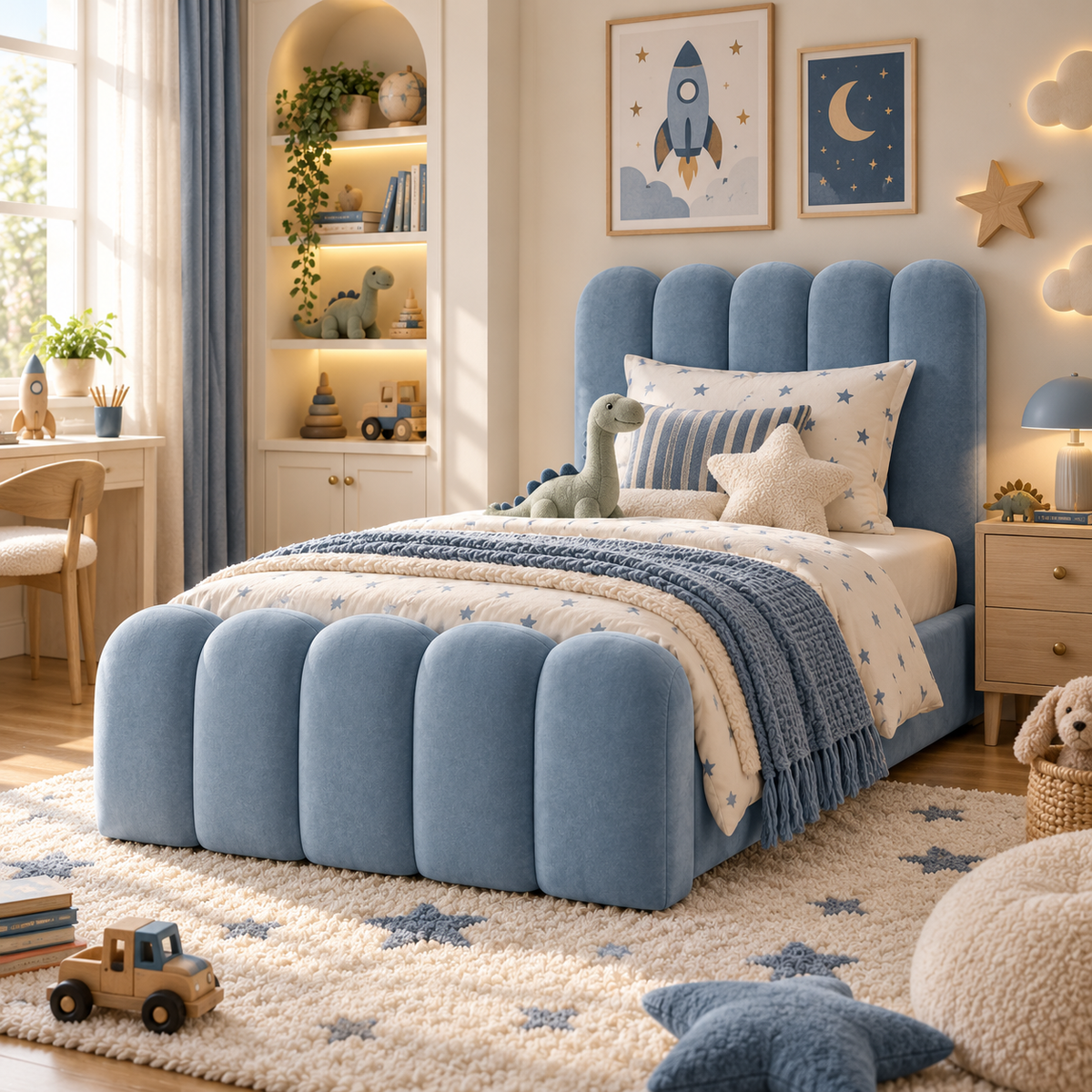 Kids Bubble Divan Bed in Plush Velvet Sky Blue with Optional Side Drawers