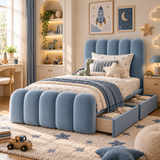 Kids Bubble Divan Bed in Plush Velvet Sky Blue with Optional Side Drawers