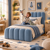 Kids Bubble Divan Bed in Plush Velvet Sky Blue with Optional Side Drawers