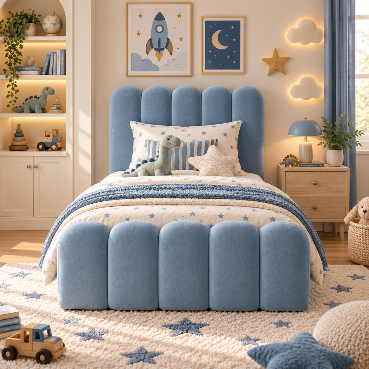 Kids Bubble Divan Bed in Plush Velvet Sky Blue with Optional Side Drawers