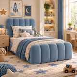 Kids Bubble Divan Bed in Plush Velvet Sky Blue with Optional Side Drawers